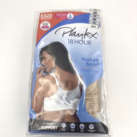 Playtex 18hr Wirefree Bra 38B Nude PowerSupport Front Close Smoothing E525 - Picture 3 of 15